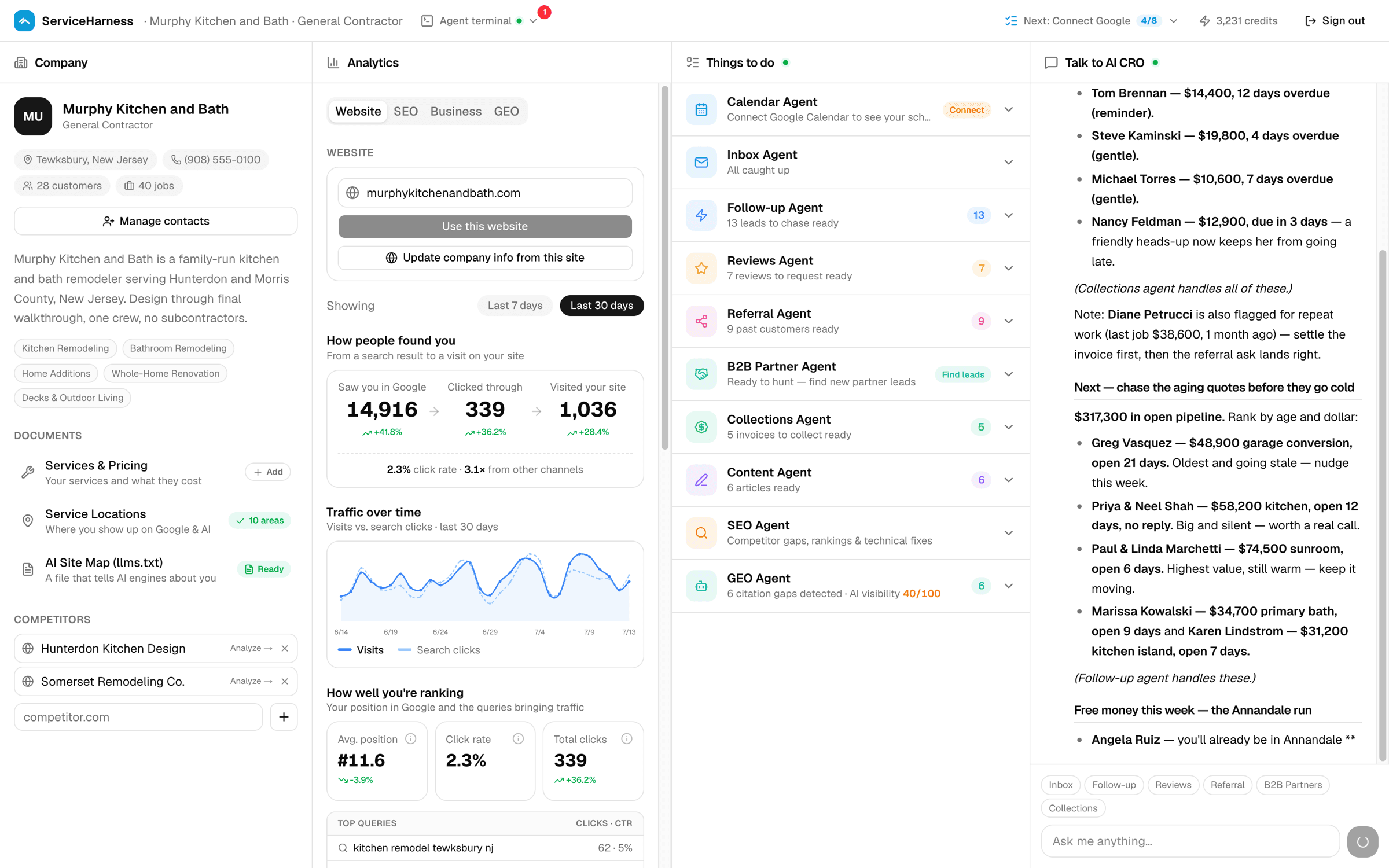 The ServiceHarness cockpit running a moving company: analytics, the agents' work queue, and the AI CRO.